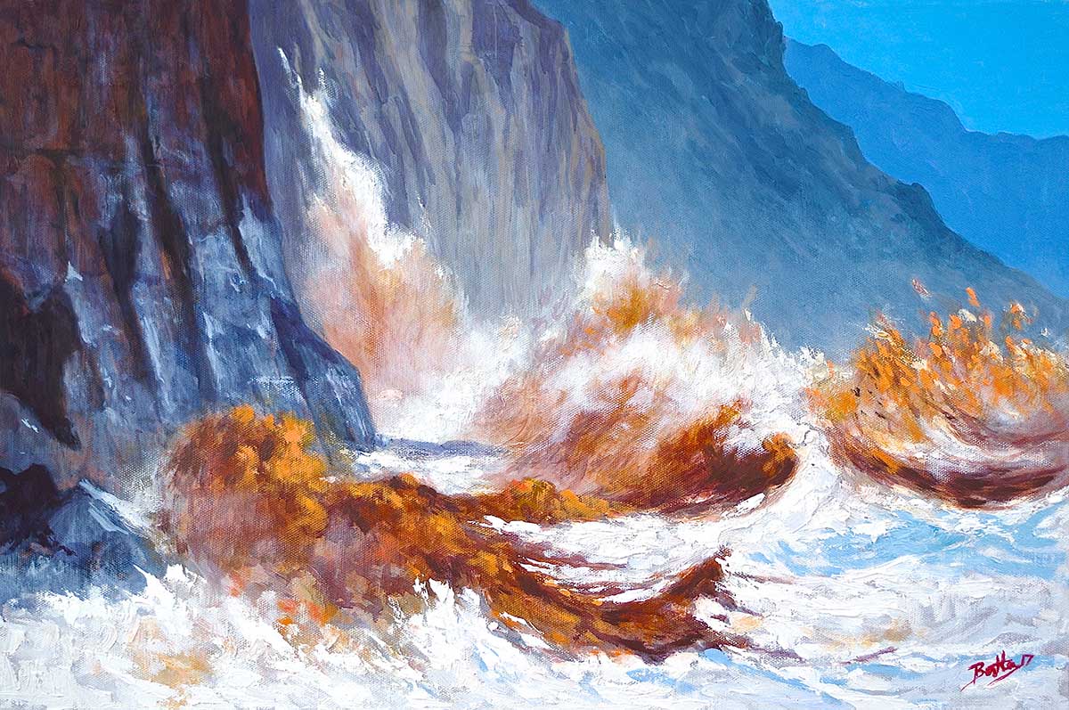 Waves crashing against Salcombe Hill, Sidmouth. Oil on Canvas. 60 x 40 cm